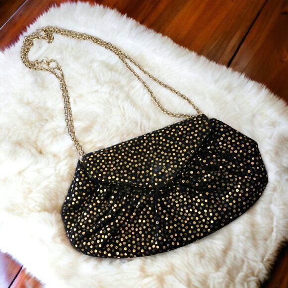 Lauren Merkin Suede Bag Black Gold Metallic Dots Chain Strap Evening Baguette. - Picture 1 of 16